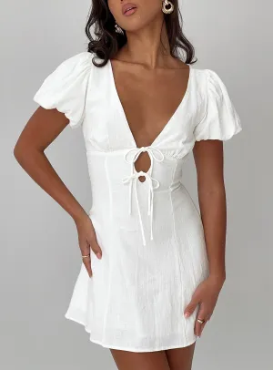 Elasticized Waistband Beloved Puff Sleeve Linen Blend Mini Dress White