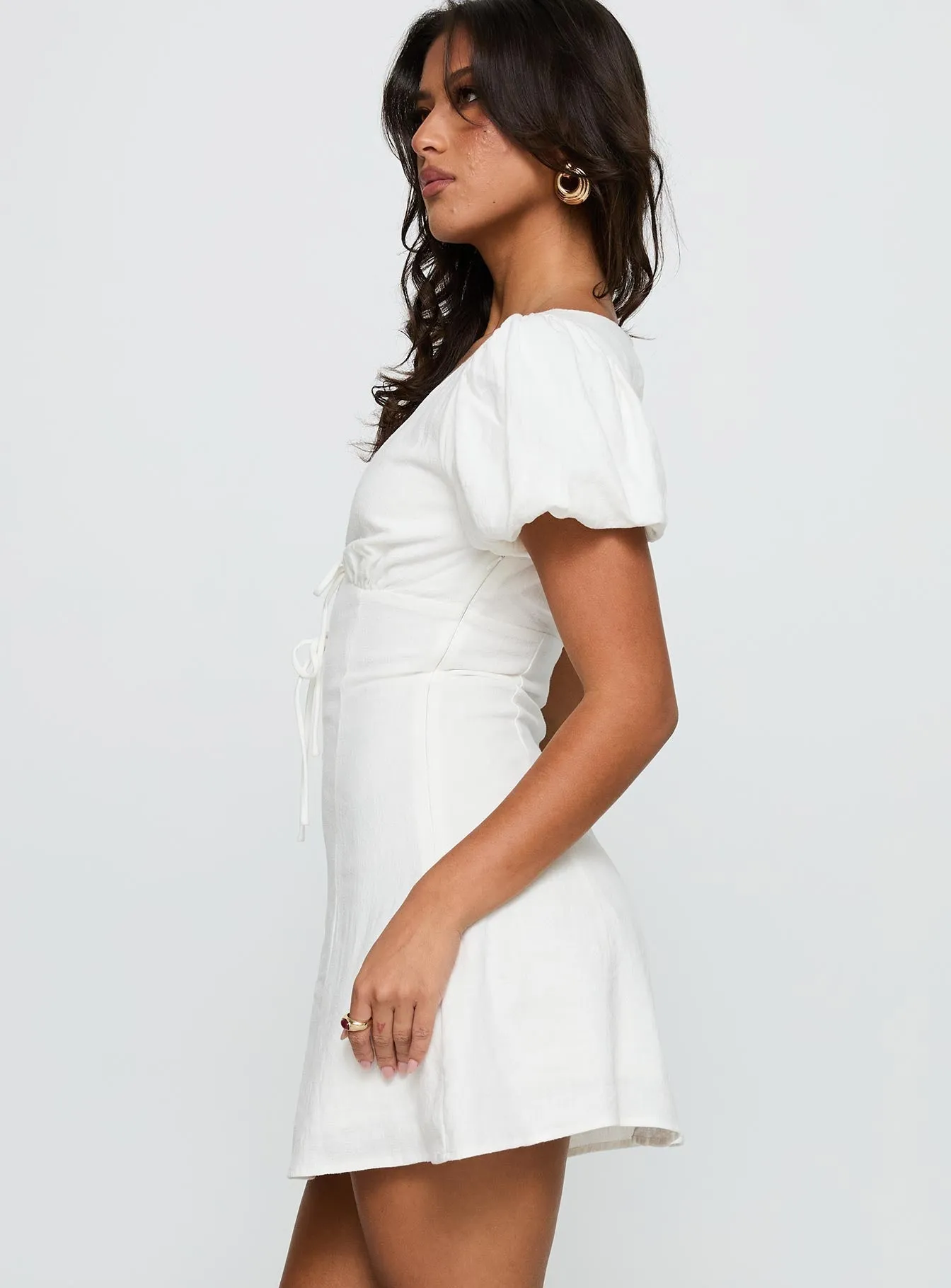Beloved Puff Sleeve Linen Blend Mini Dress White Shoot Ready Stylish short formal dress