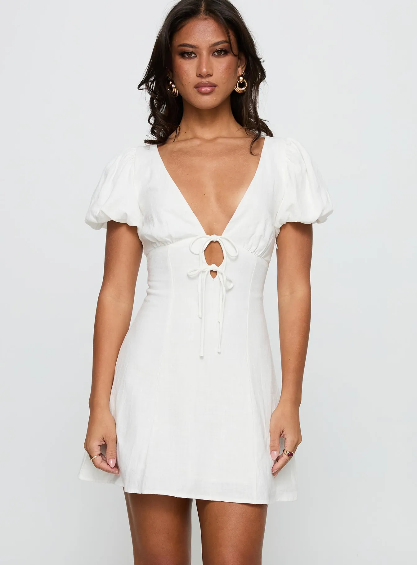 Fade Resistant Bold print mini dress Beloved Puff Sleeve Linen Blend Mini Dress White