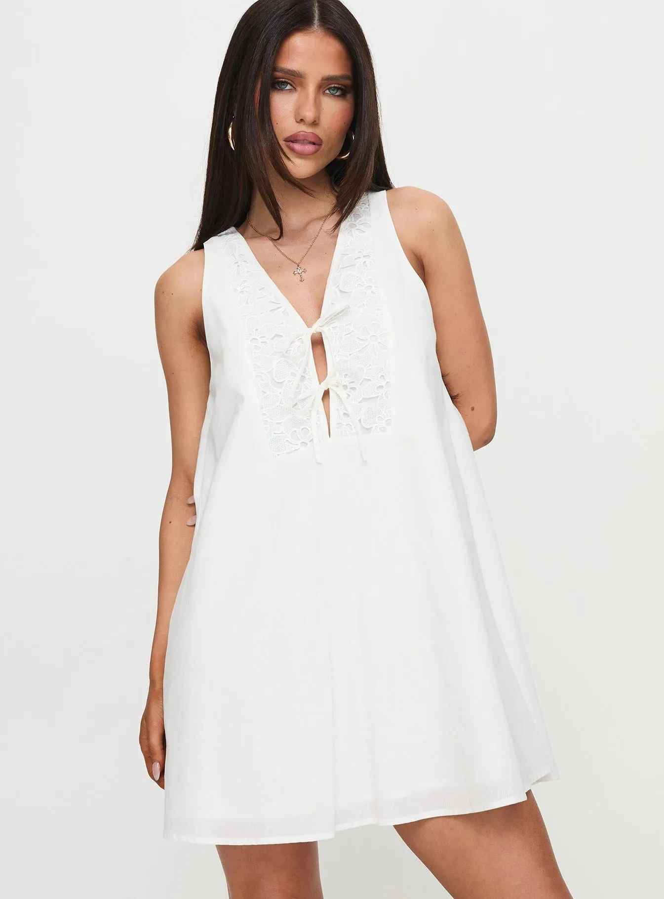 Structured Collar Butterflies Embroidered Mini Dress White