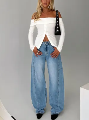 Breathable Lining Stretch Fabric Esperance Mid Rise Barrel Leg Jeans Vintage Blue