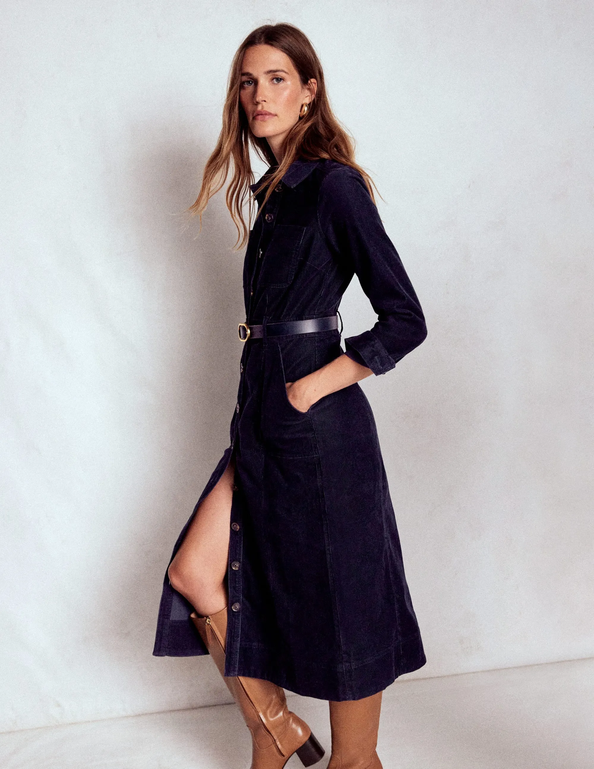 Amanda Cord Midi Dress-Navy Busy Mom