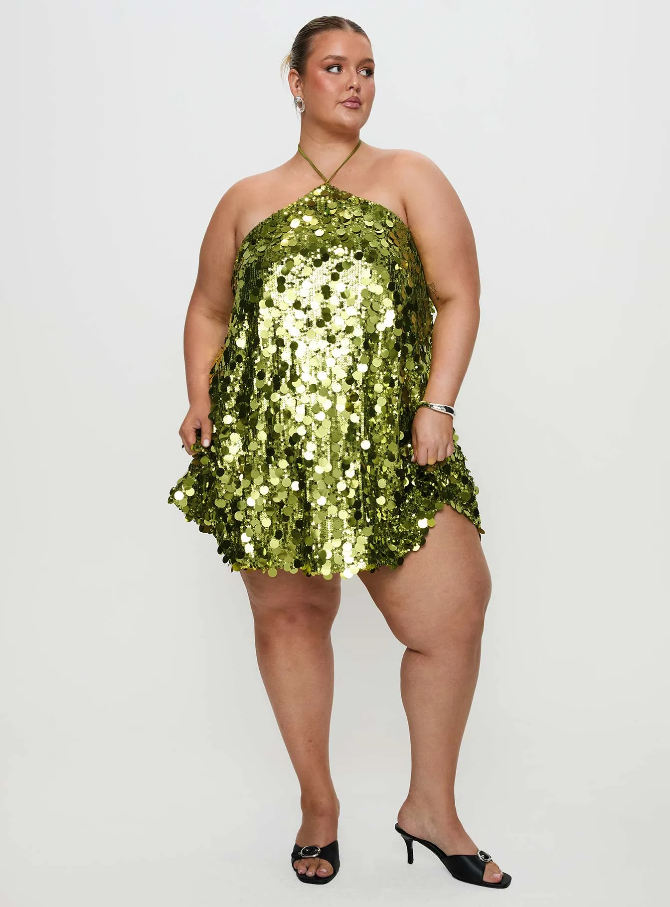 Sleek Silhouette No Slip Grip Fluorescents Halter Mini Dress Green Curve