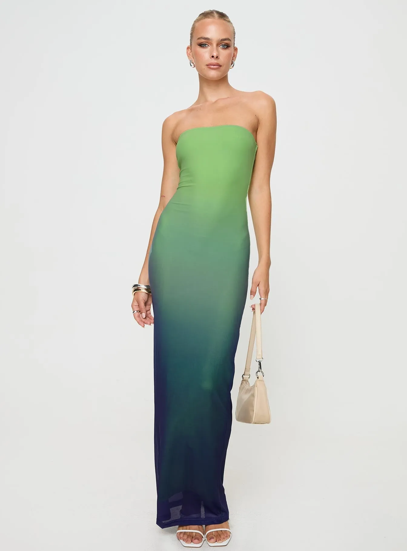 One shoulder Herb Garden Stolen Love Strapless Maxi Dress Blue / Green Ombre Petite
