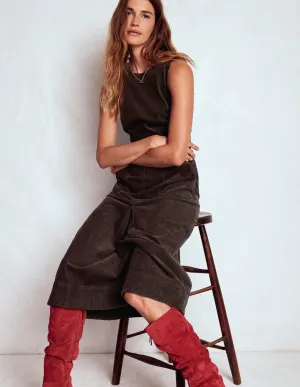 Self Love All Season Wear Ula Box Pleat Cord Midi Dress-Espresso