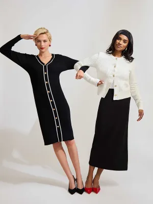Gala Ready Contrast Piping Midi Sweater Dress
