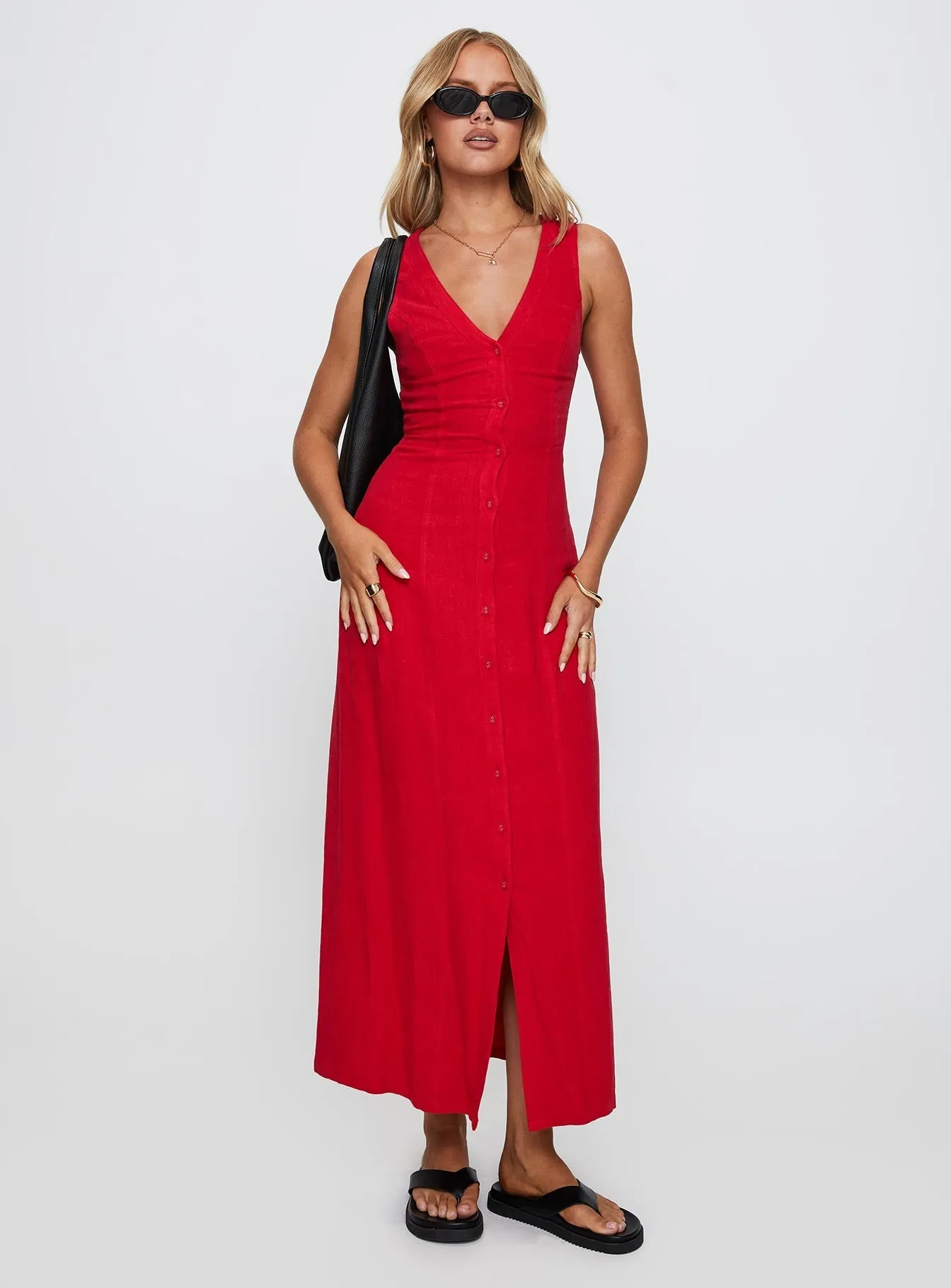 Bronze Tone Summer Season Linen Blend Maxi Dress Red