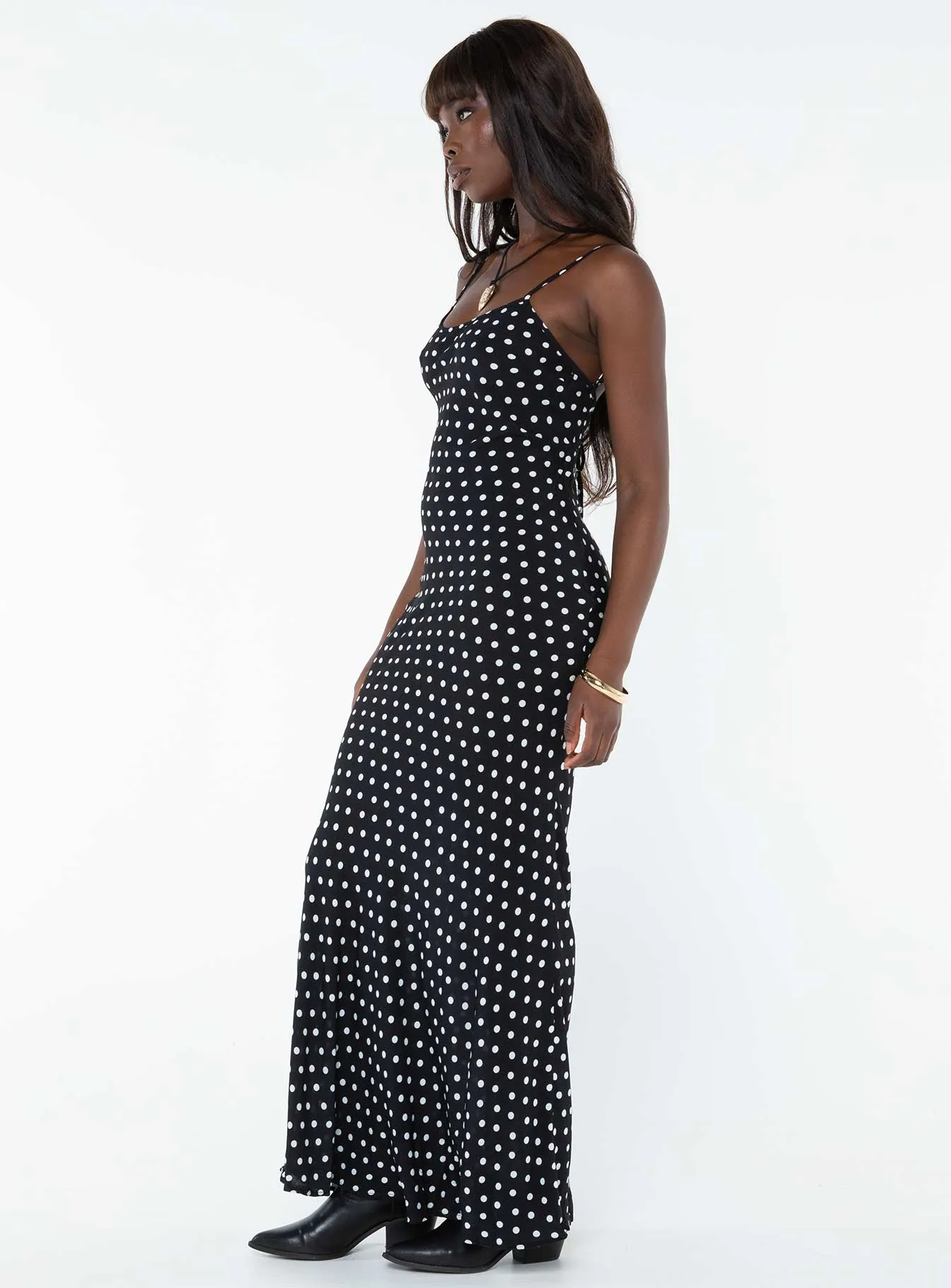 Luncheon Maxi Dress Black Polka Dot Light Glow Iron Glow