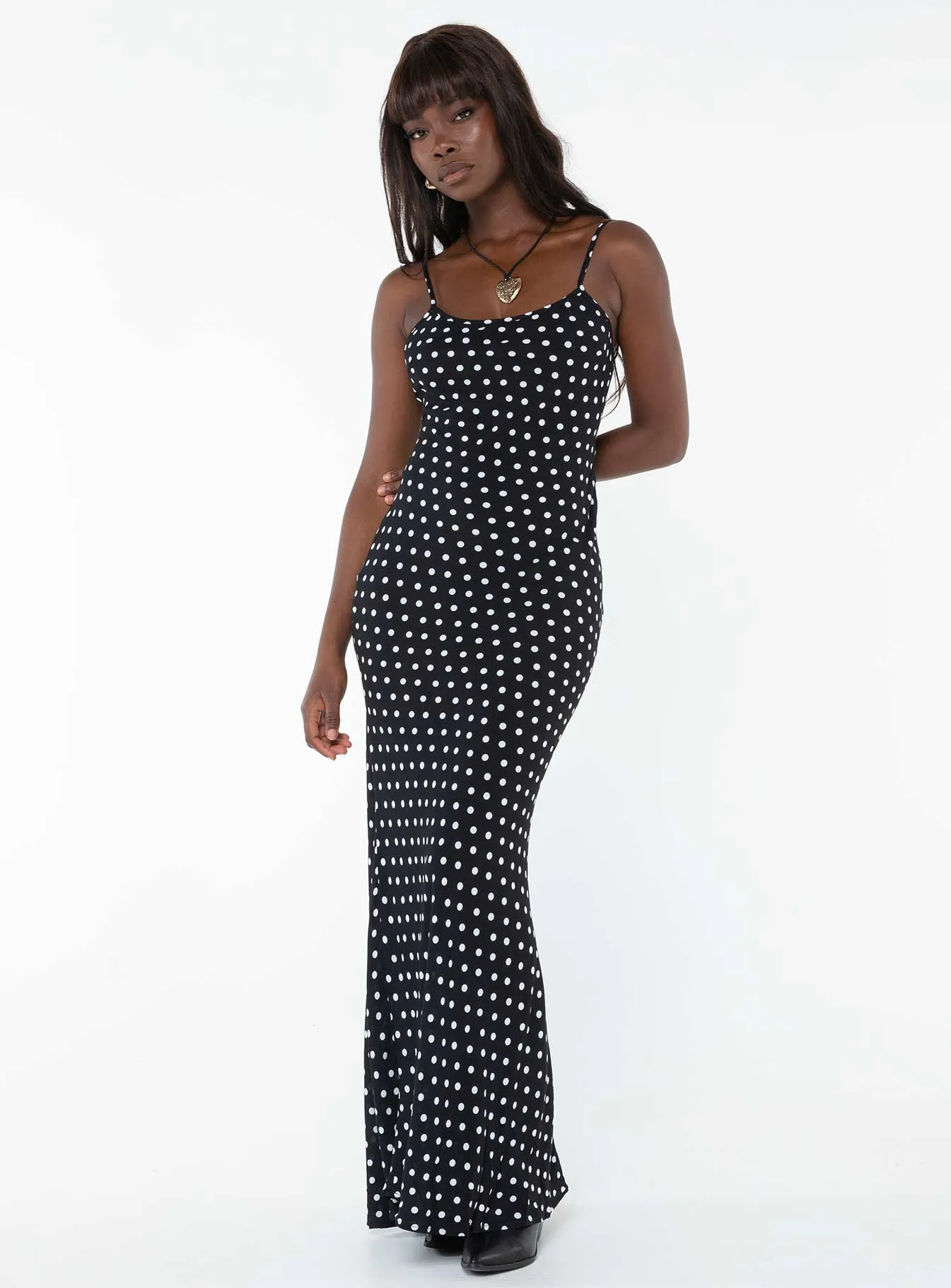 Amber Shine Morning Mist Luncheon Maxi Dress Black Polka Dot