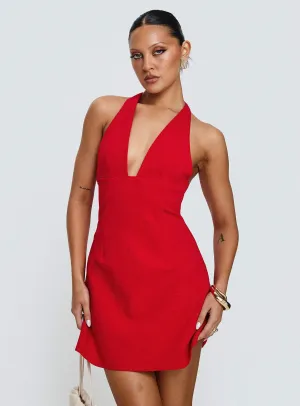 Stretchable Fit Feminine relaxed mini Girly Girl Halter Mini Dress Red