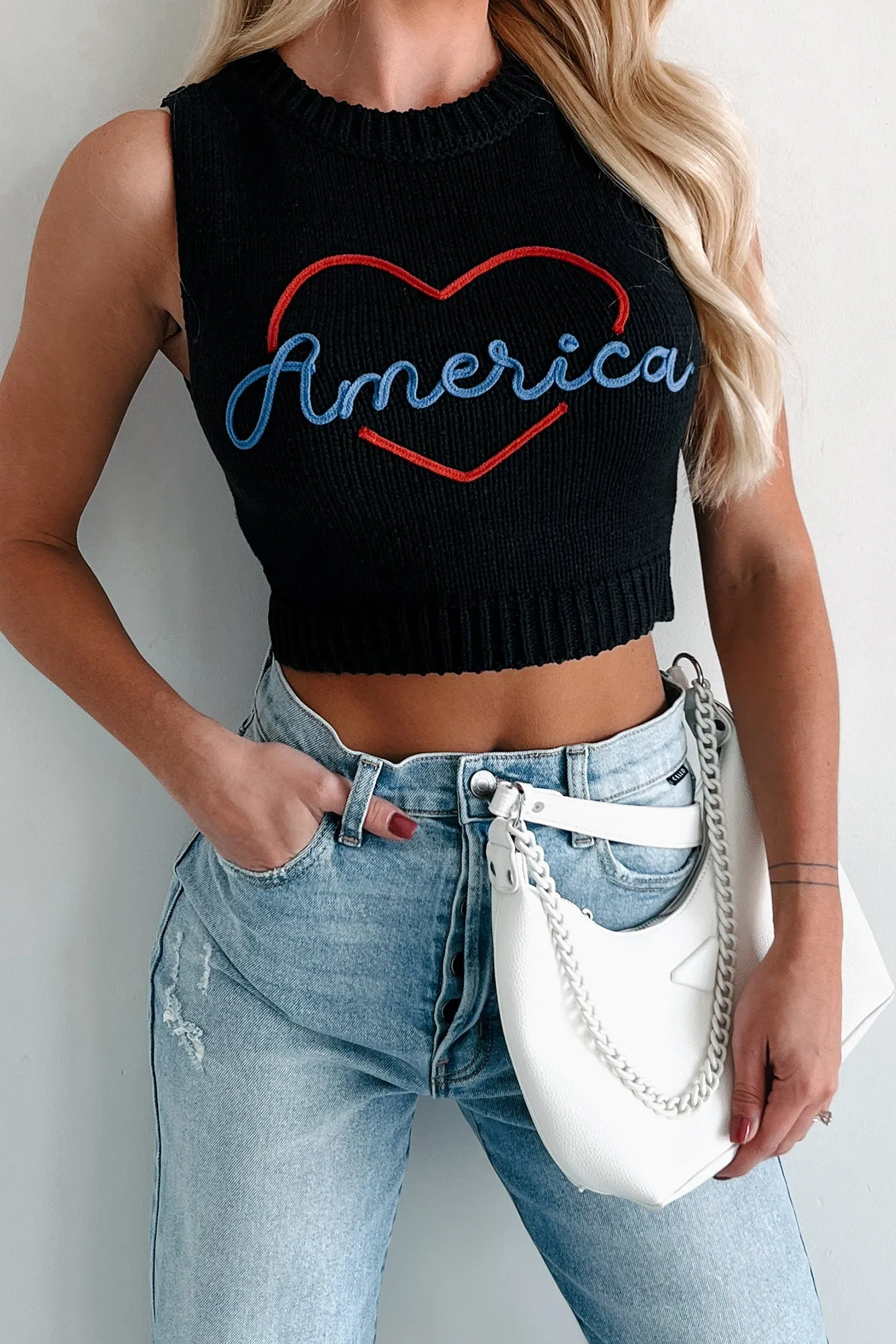 Light Soft Non Restrictive Cuffs Love My Country Sweater Knit Tank Top (Black)