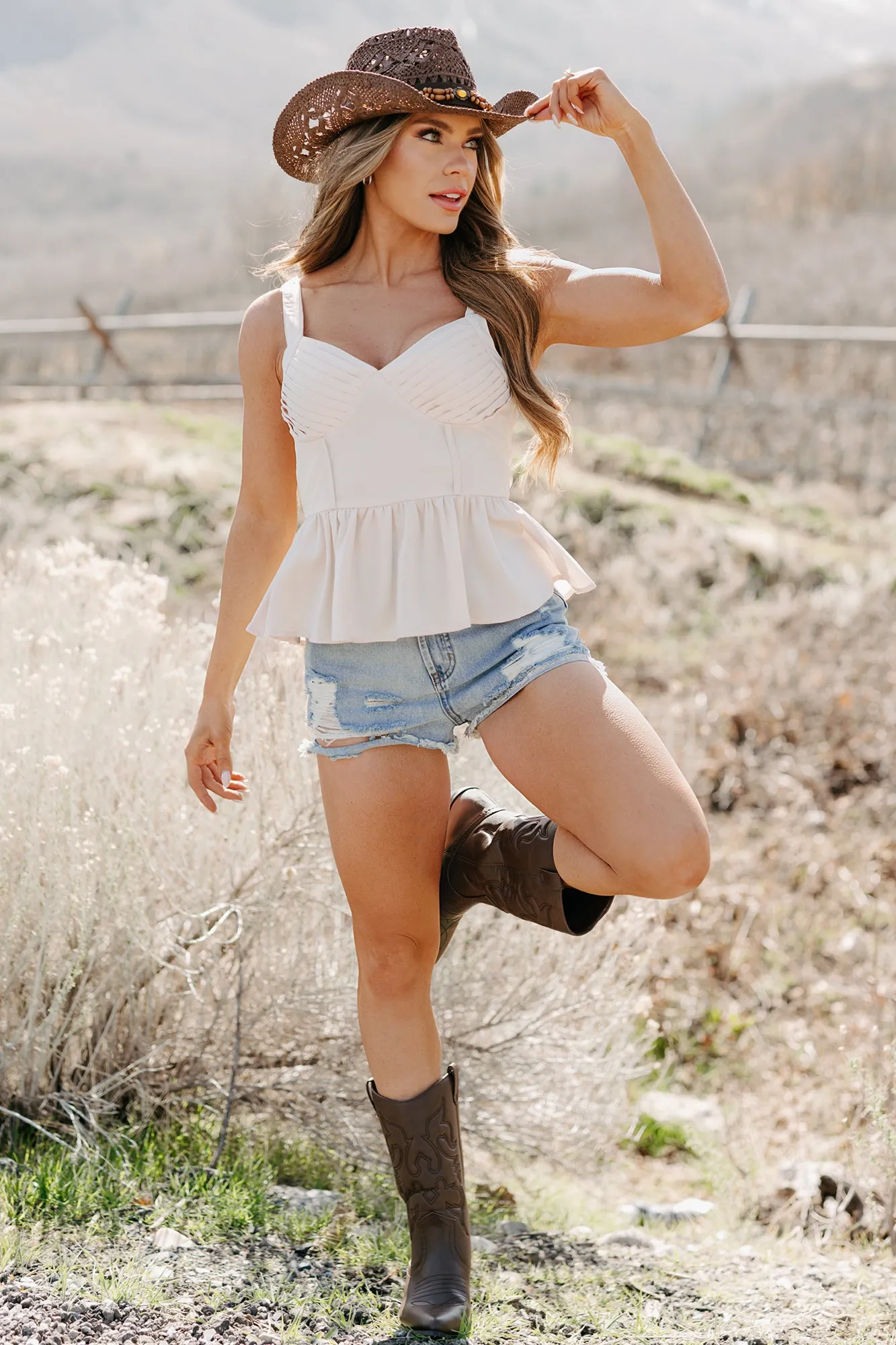 Winning Mindset Pleated Satin Peplum Top (Cream) Breathable mesh inserts Snag Resistant Fabric
