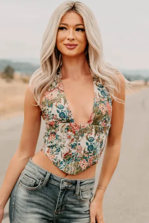 Thrive In Color Floral Halter Crop Top (Multi) Stretch Fiber Blend