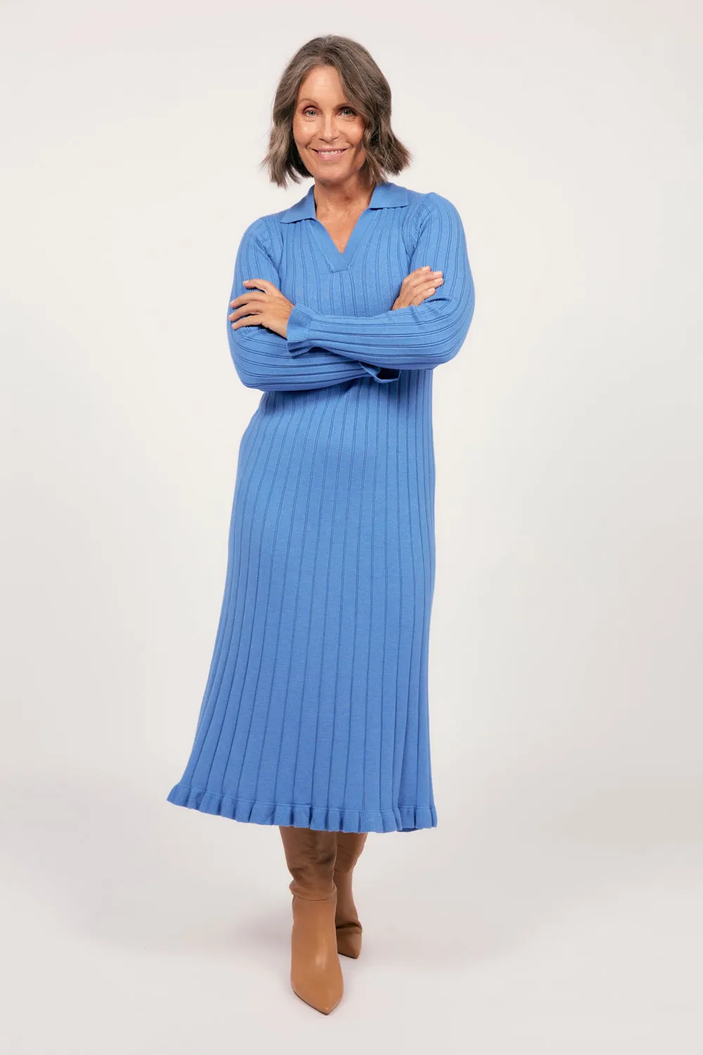 Easy Travel Versatile event piece Collared Knitted Swing Dress in Blue