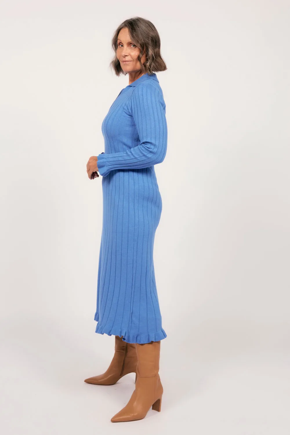 Collared Knitted Swing Dress in Blue Shine Spot Classy Attire