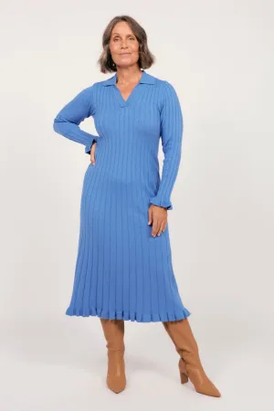Collared Knitted Swing Dress in Blue Sleek Comfort Daily Smart