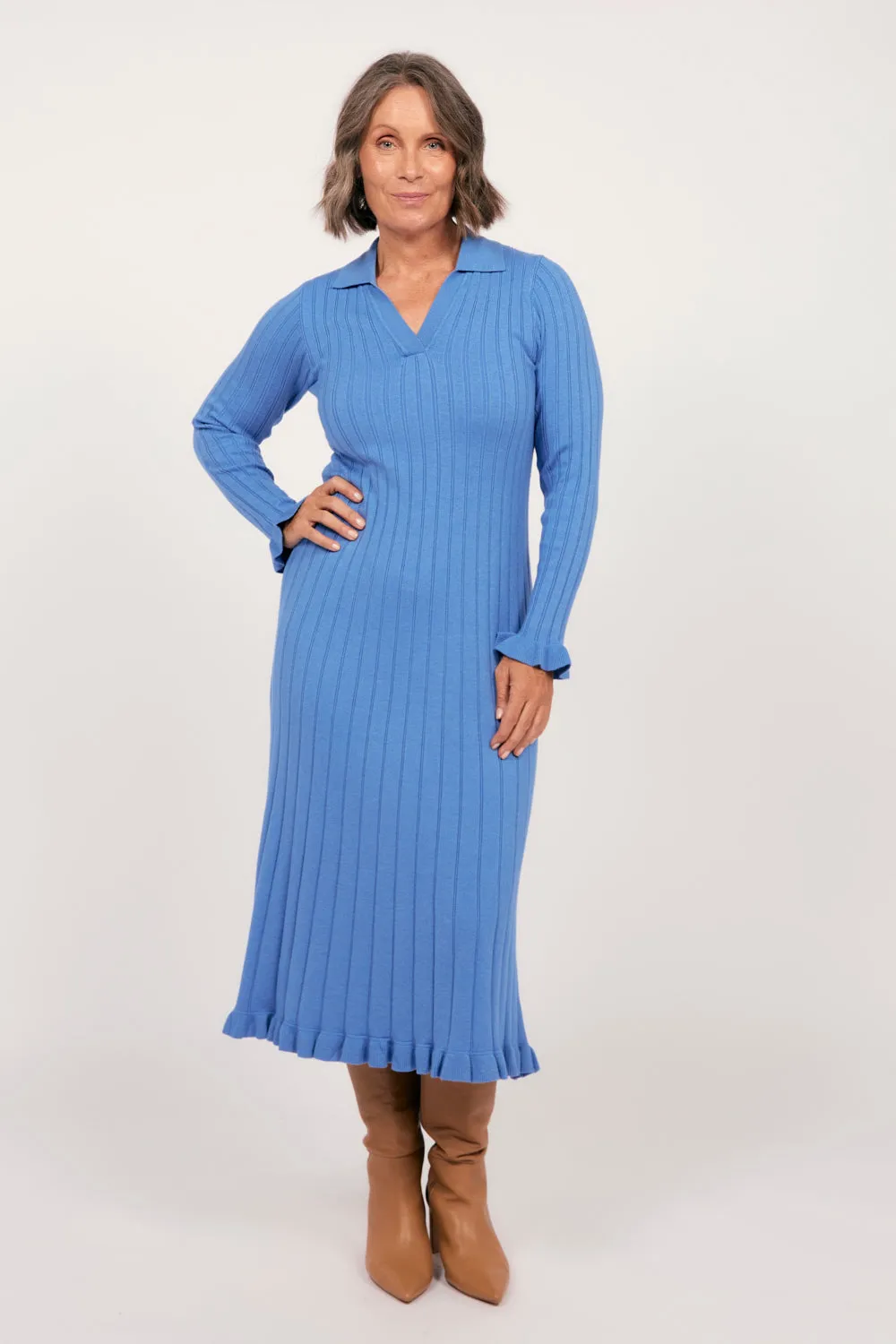 Collared Knitted Swing Dress in Blue Leaf Fall Cherry Grove