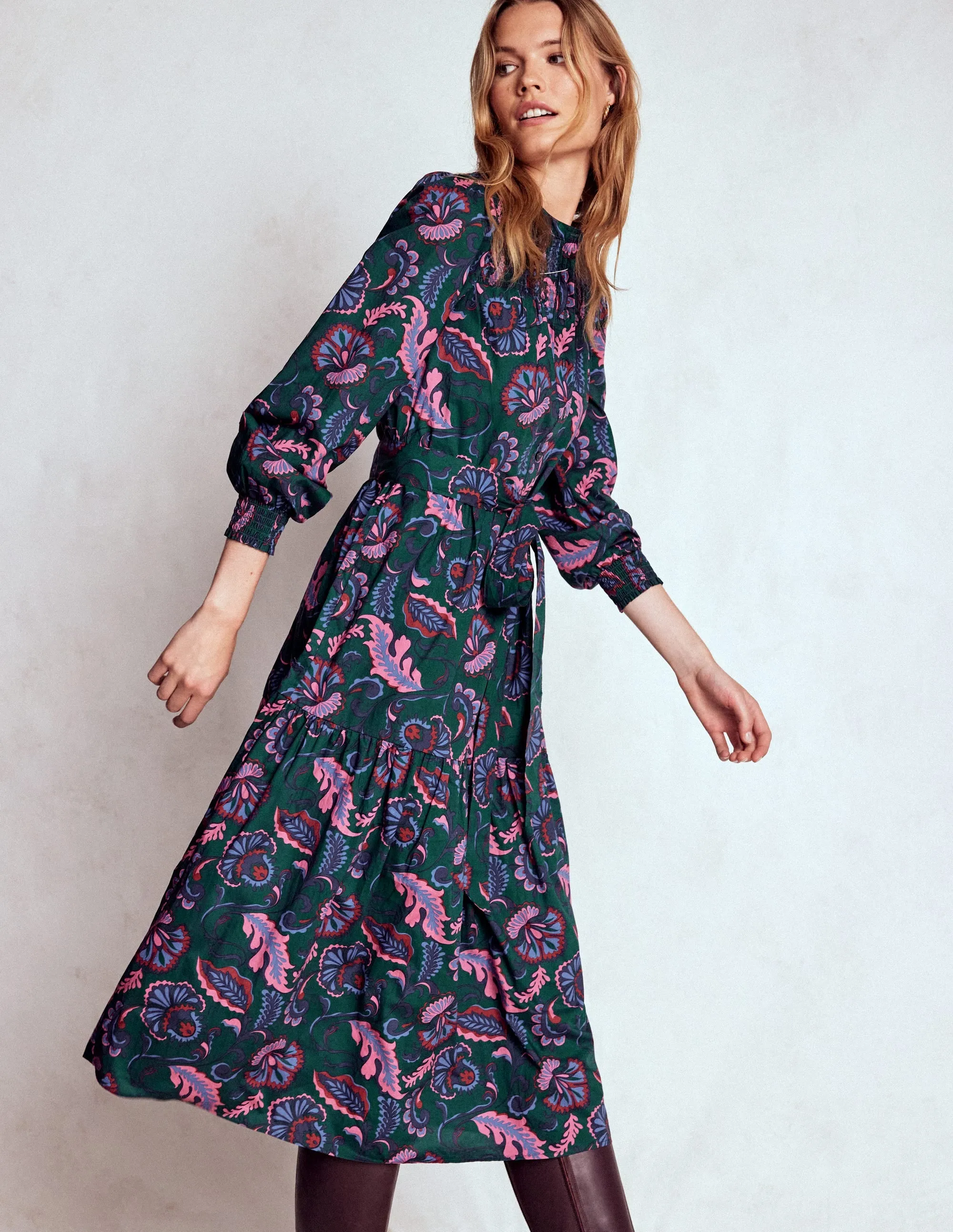 Petite Style Event Ready Cecily Cotton Midi Dress-Emerald Night, Ornate Meadow