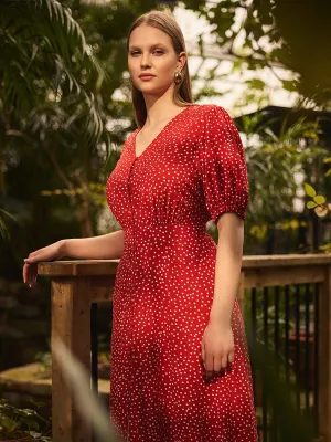 Dot Print Puff Sleeve Midi Dress Fashionable Design
