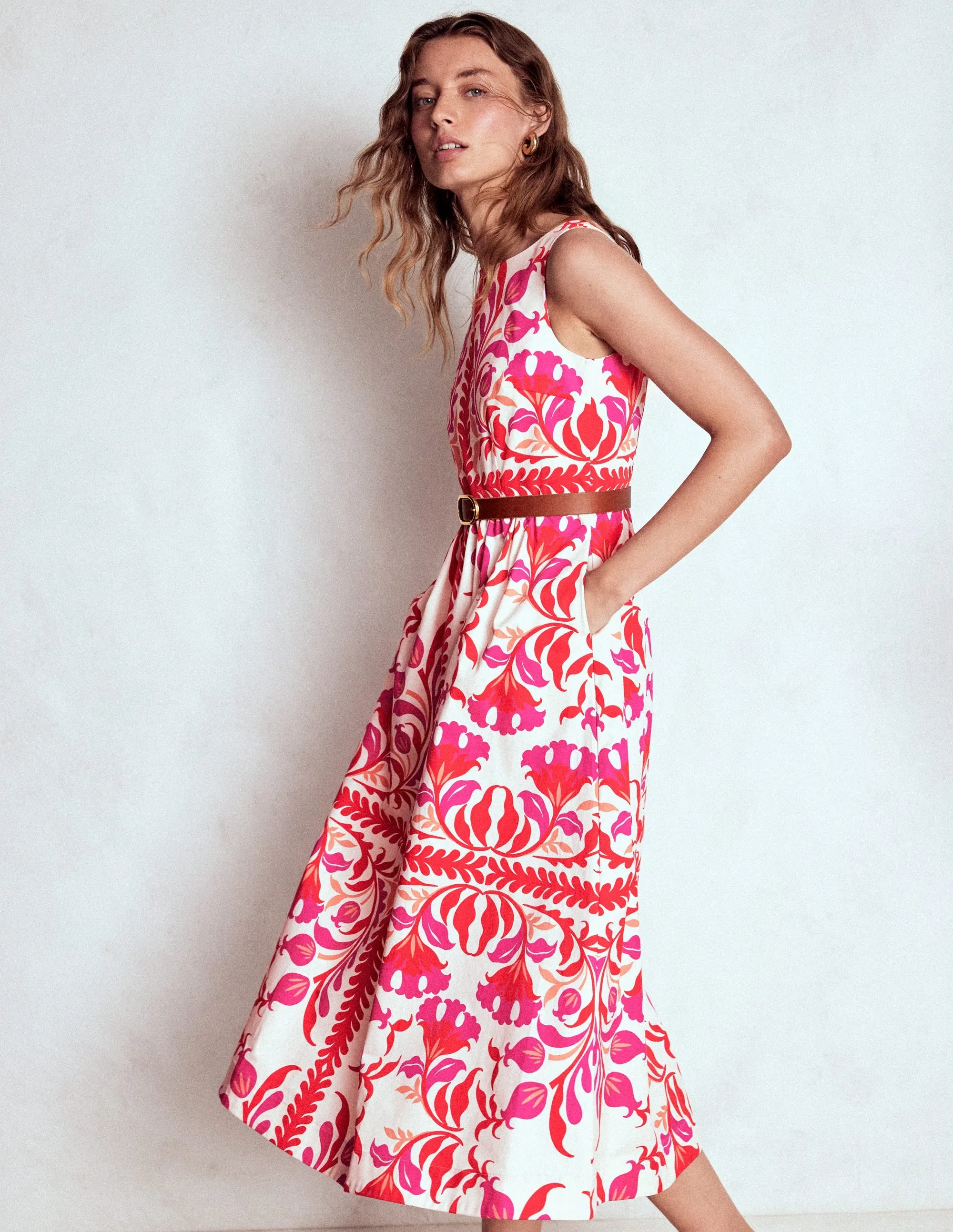 All Day Cool Shade Lauren Cotton Midi Dress-Poppy Red, Elaborate Flora