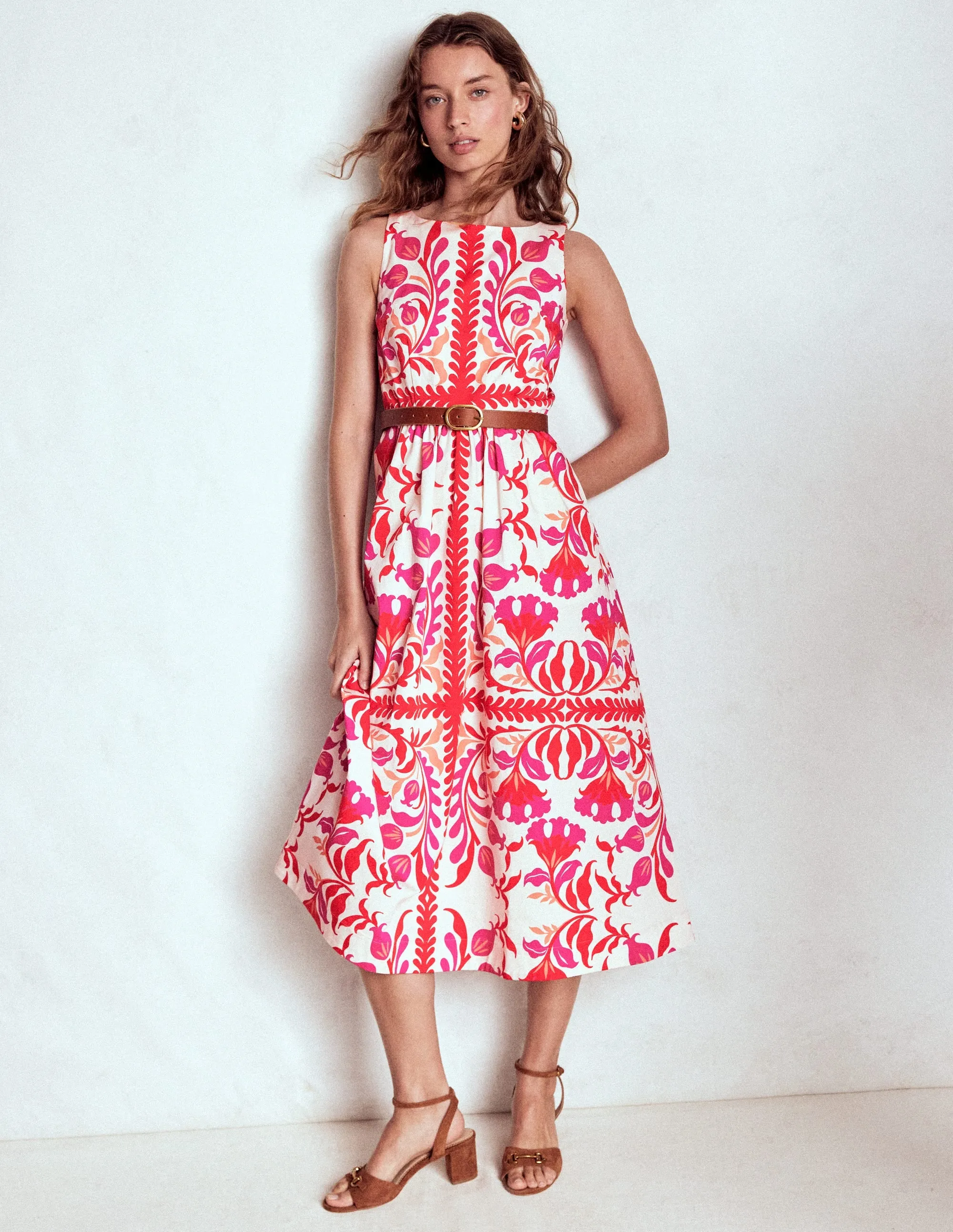 Lauren Cotton Midi Dress-Poppy Red, Elaborate Flora Soft Flow