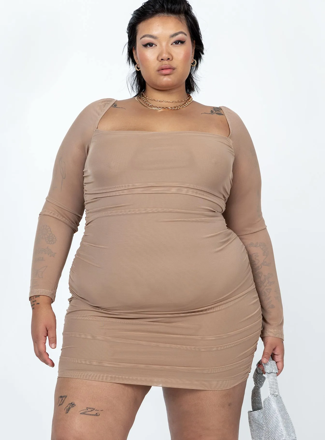 Charvi Long Sleeve Mini Dress Tan Curve Magnetic Button Closure