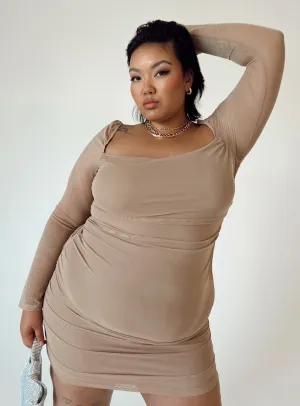 Charvi Long Sleeve Mini Dress Tan Curve Vibrant Fashion Look
