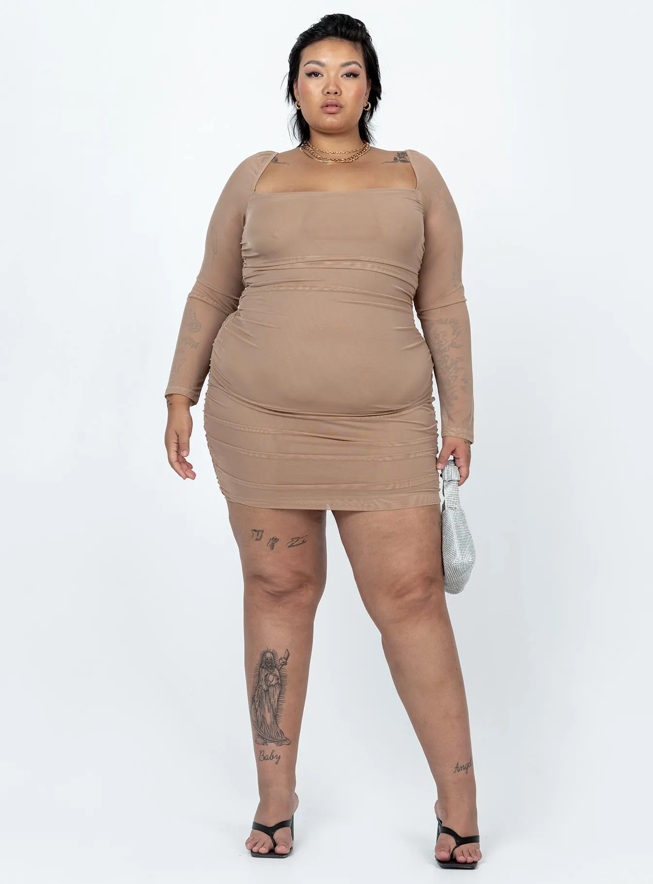 Sleek Fashion elegant design Charvi Long Sleeve Mini Dress Tan Curve