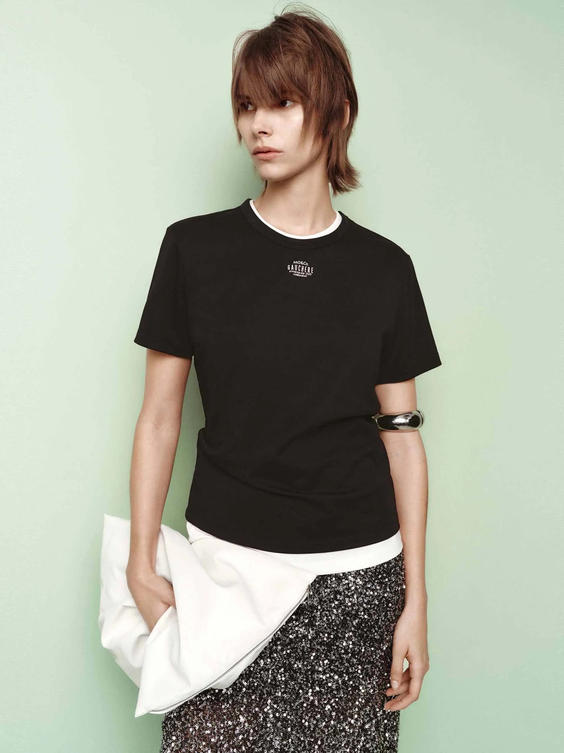 Geometric Pattern Side Pleated Letter T-shirt