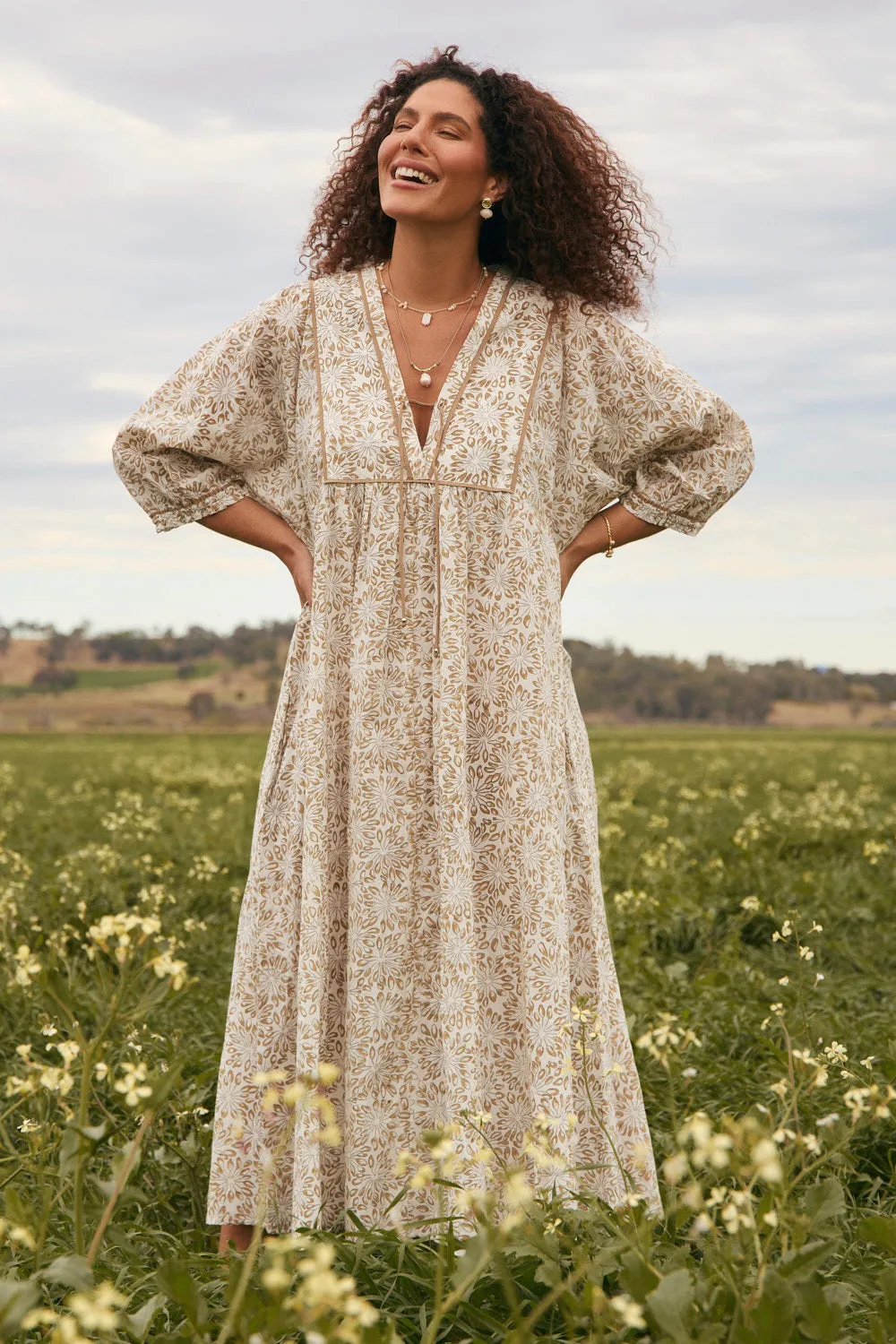 Feminine Vibe Cairo Billow Sleeve Dress in Savanna