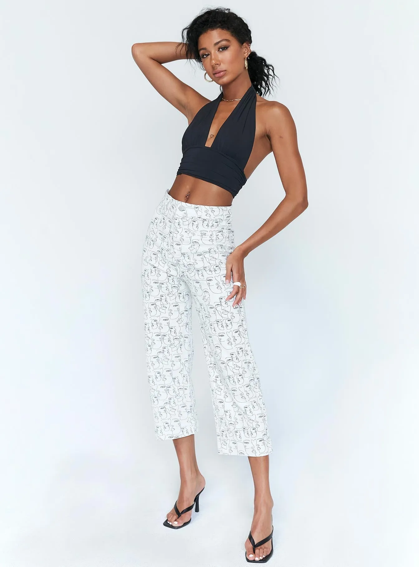 Nelly Wide Leg Face Print Pants White Vintage Wash Wrinkle Free Fabric Treatment