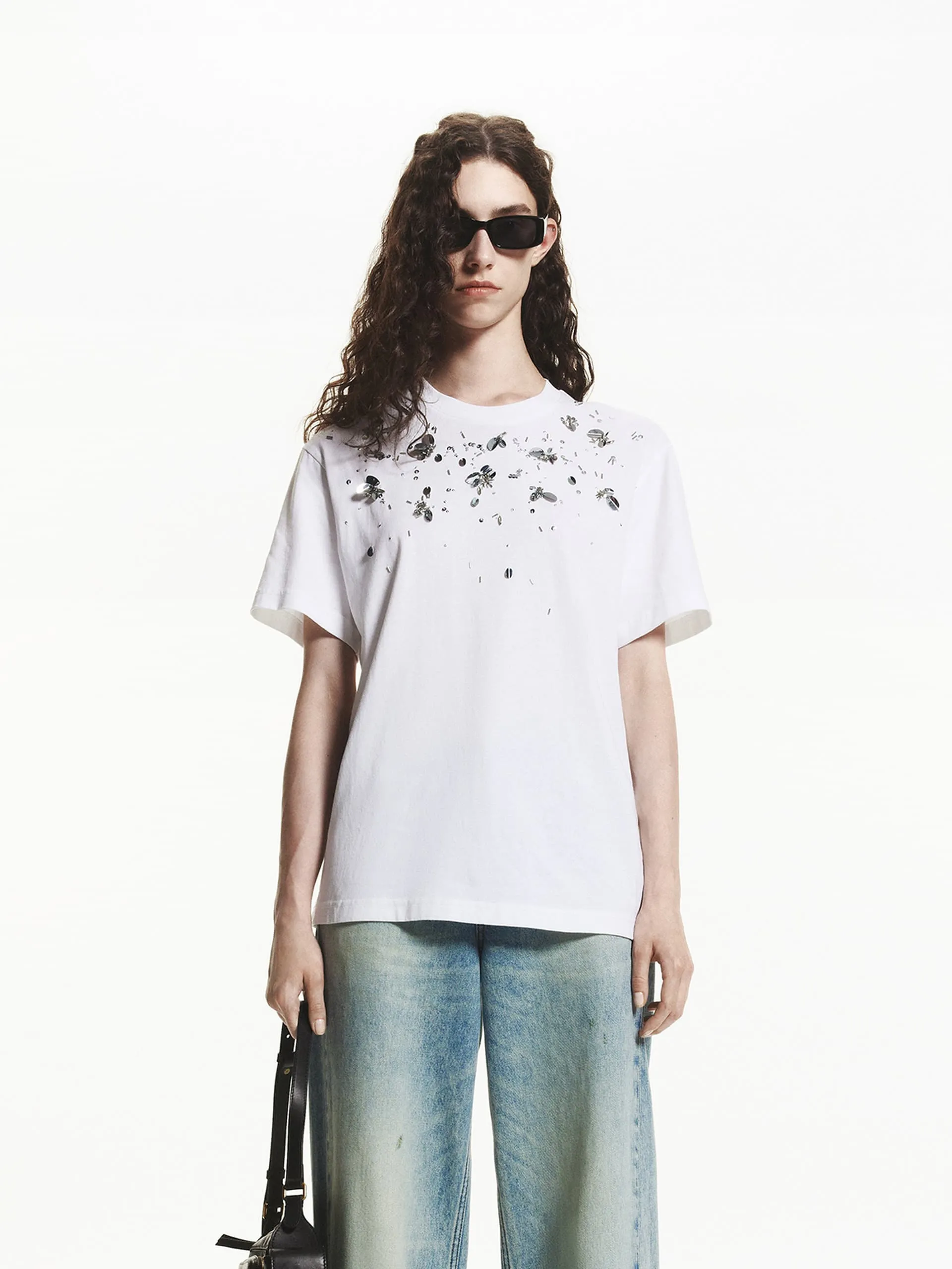 Bold Style Colorfast Dye Sequin Detail Cotton T-shirt