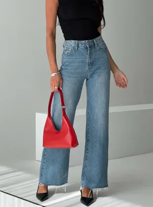 Henesey High Rise Straight Leg Jeans Mid Wash Tall Raw Hem Design Clean Vibe