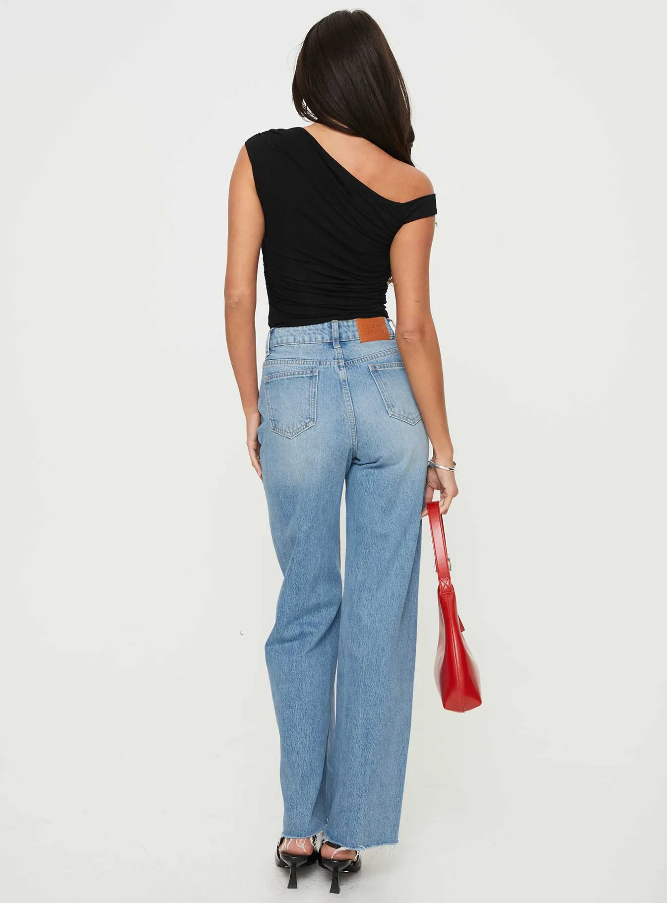 Henesey High Rise Straight Leg Jeans Mid Wash Tall Night Out Bold Look Button Fly Closure