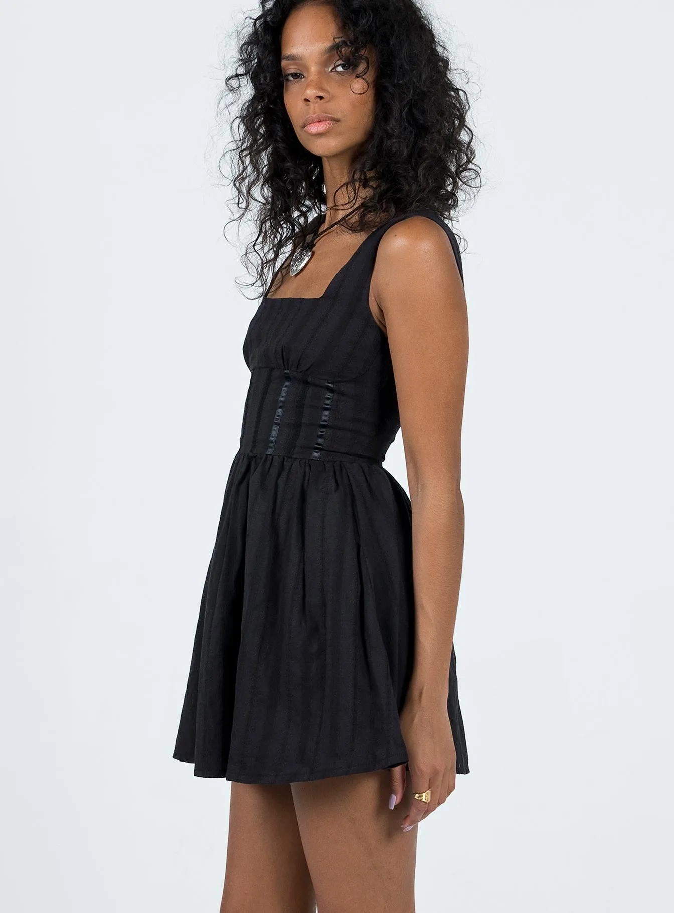 Lorinda Mini Dress Black Layered Ruffle Accent