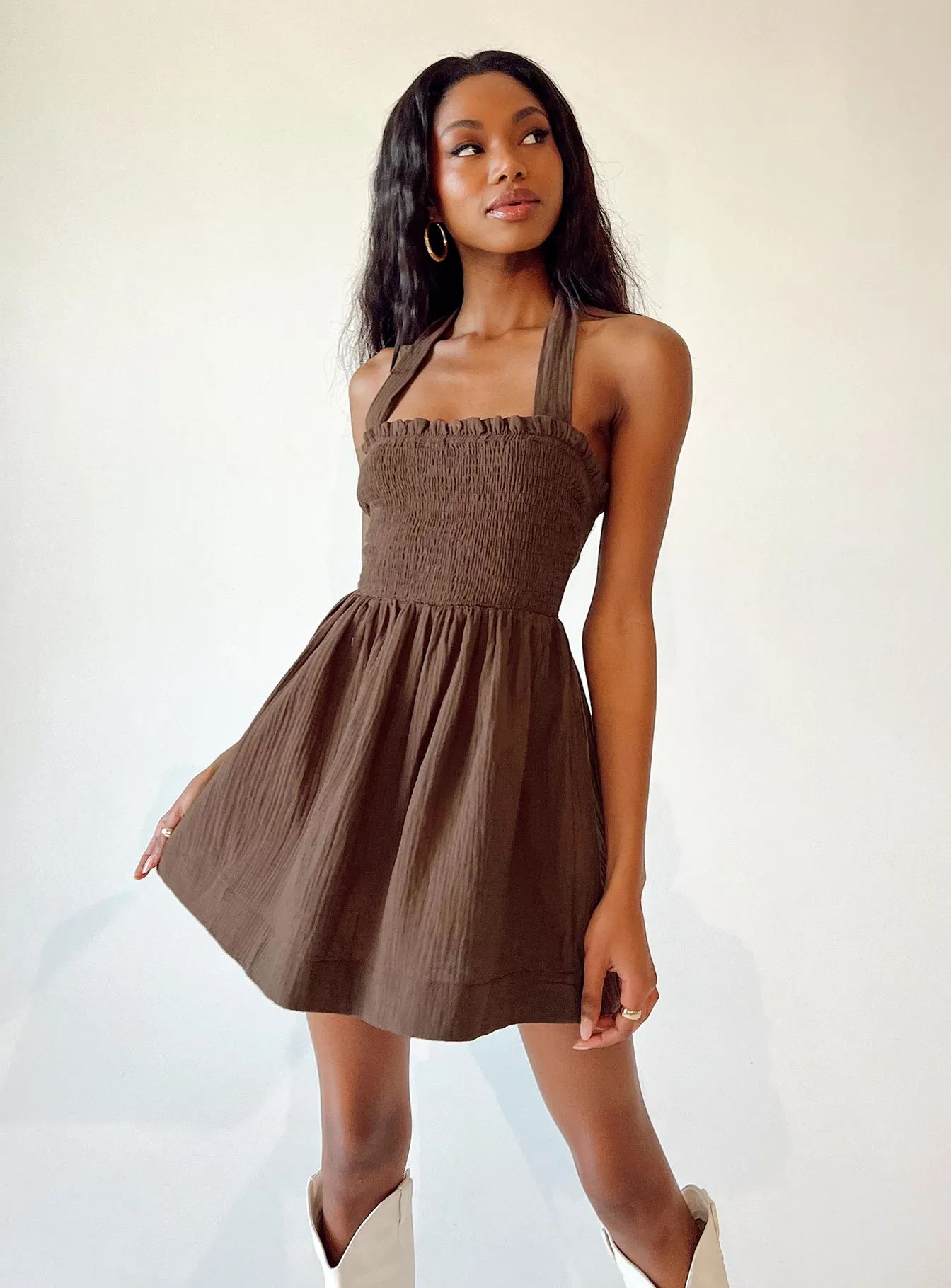 Fun Shine Adjustable Ties Rhea Mini Dress Brown