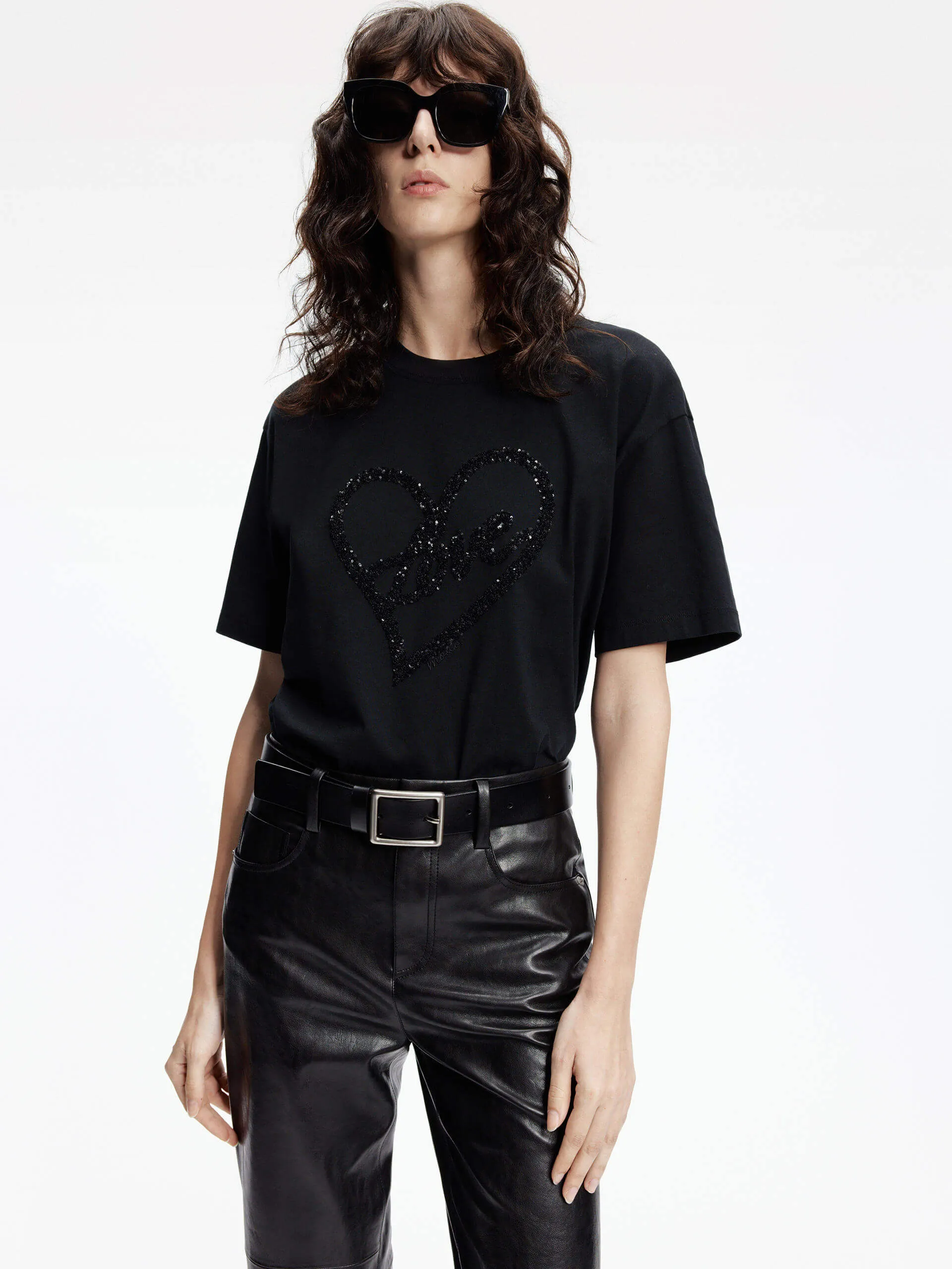 Cotton T-shirt with Heart Pattern FunctionalPockets