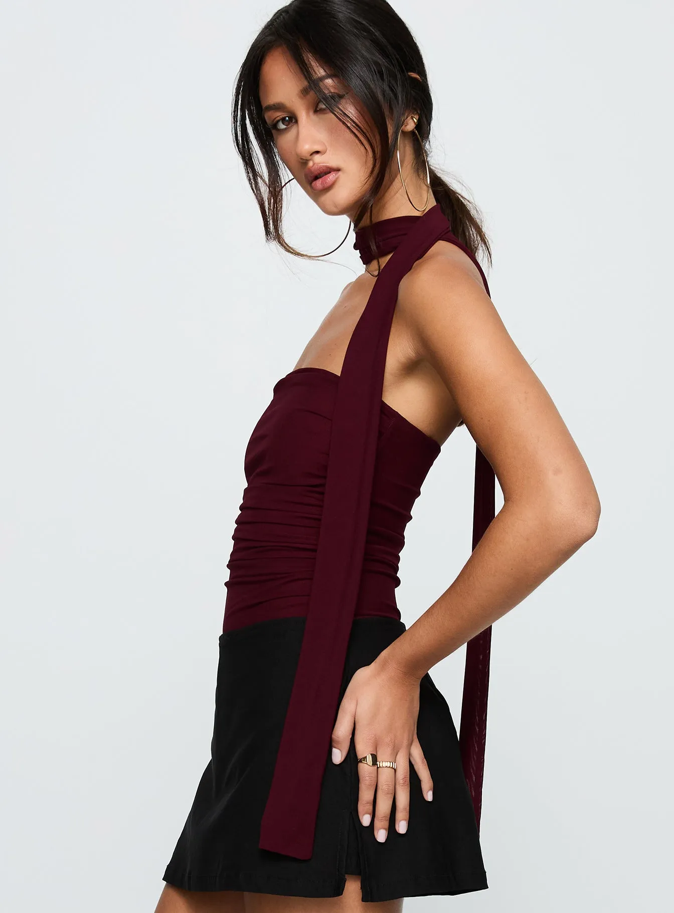 Modern Charming Sorelle Scarf Bodysuit Burgundy