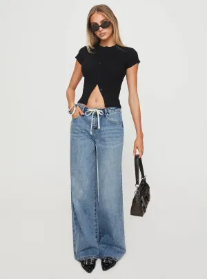 Smooth Loose Versatile Couple Look Athlete Fit Festival Outfit Mellowed Out Low Rise Straight Leg Jeans Mid Blue