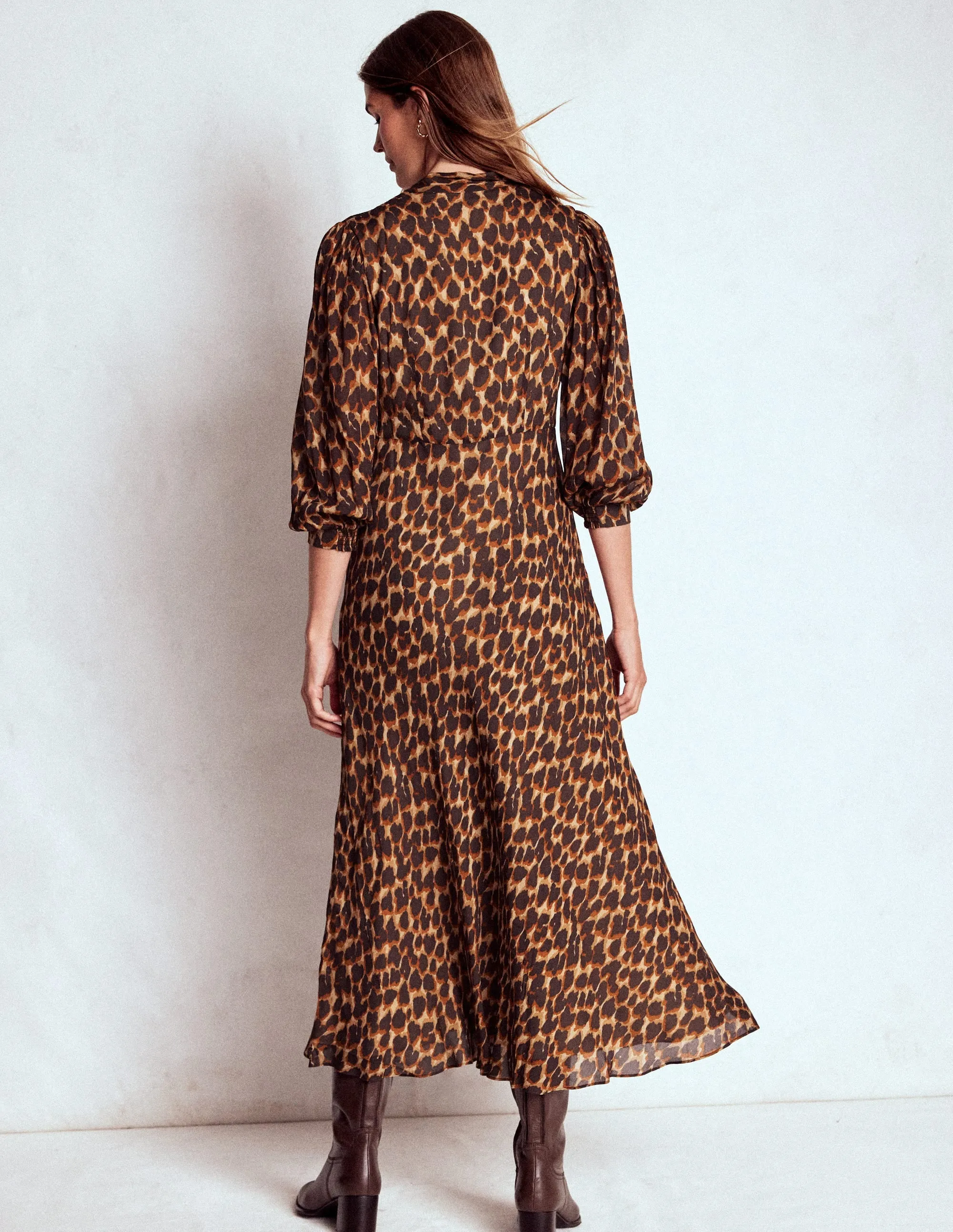 Brooke Tie Neck Tea Dress-Sand, Abstract Leopard Spot Charming Wardrobe