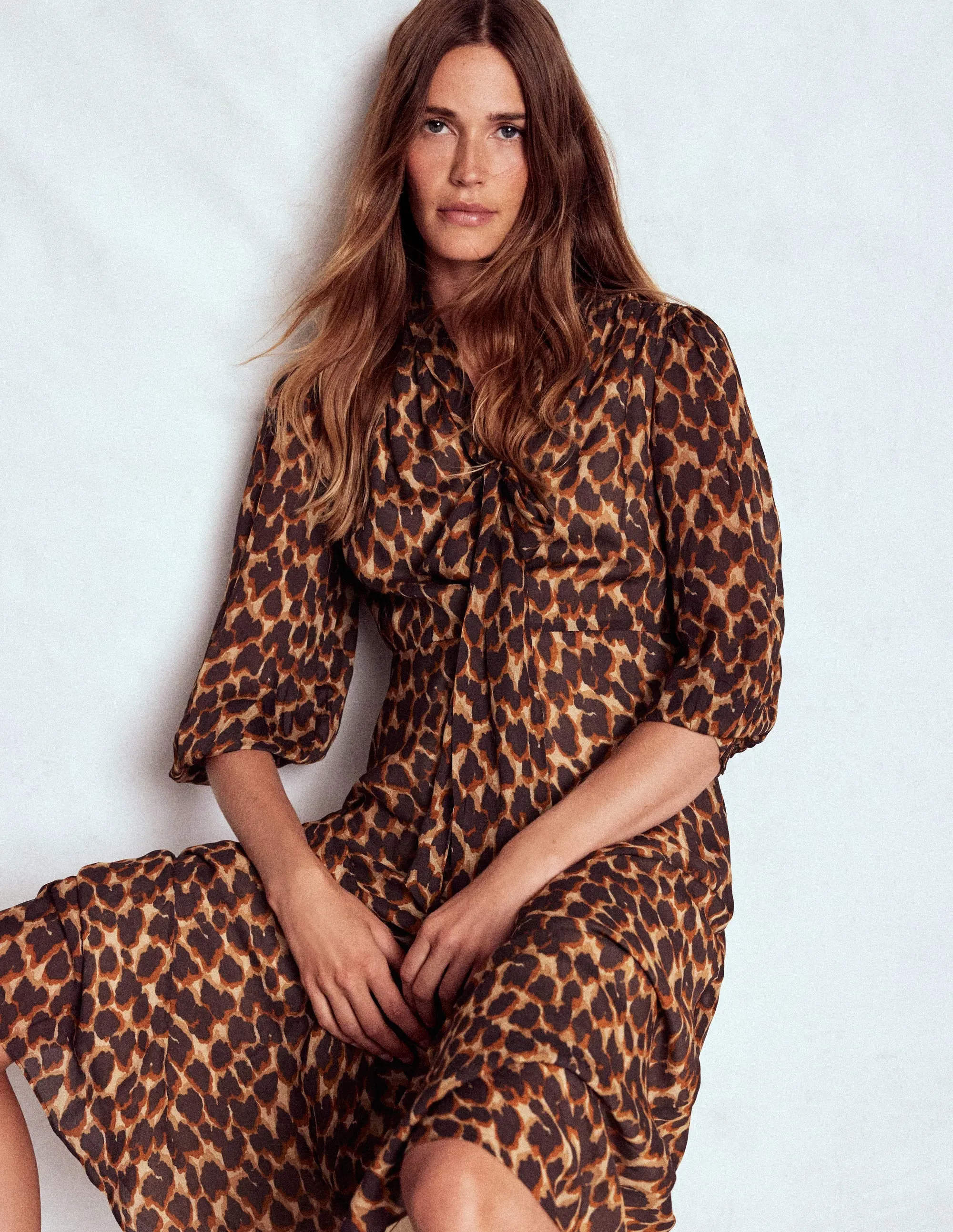 Brooke Tie Neck Tea Dress-Sand, Abstract Leopard Spot Windy Ready Modern Wear
