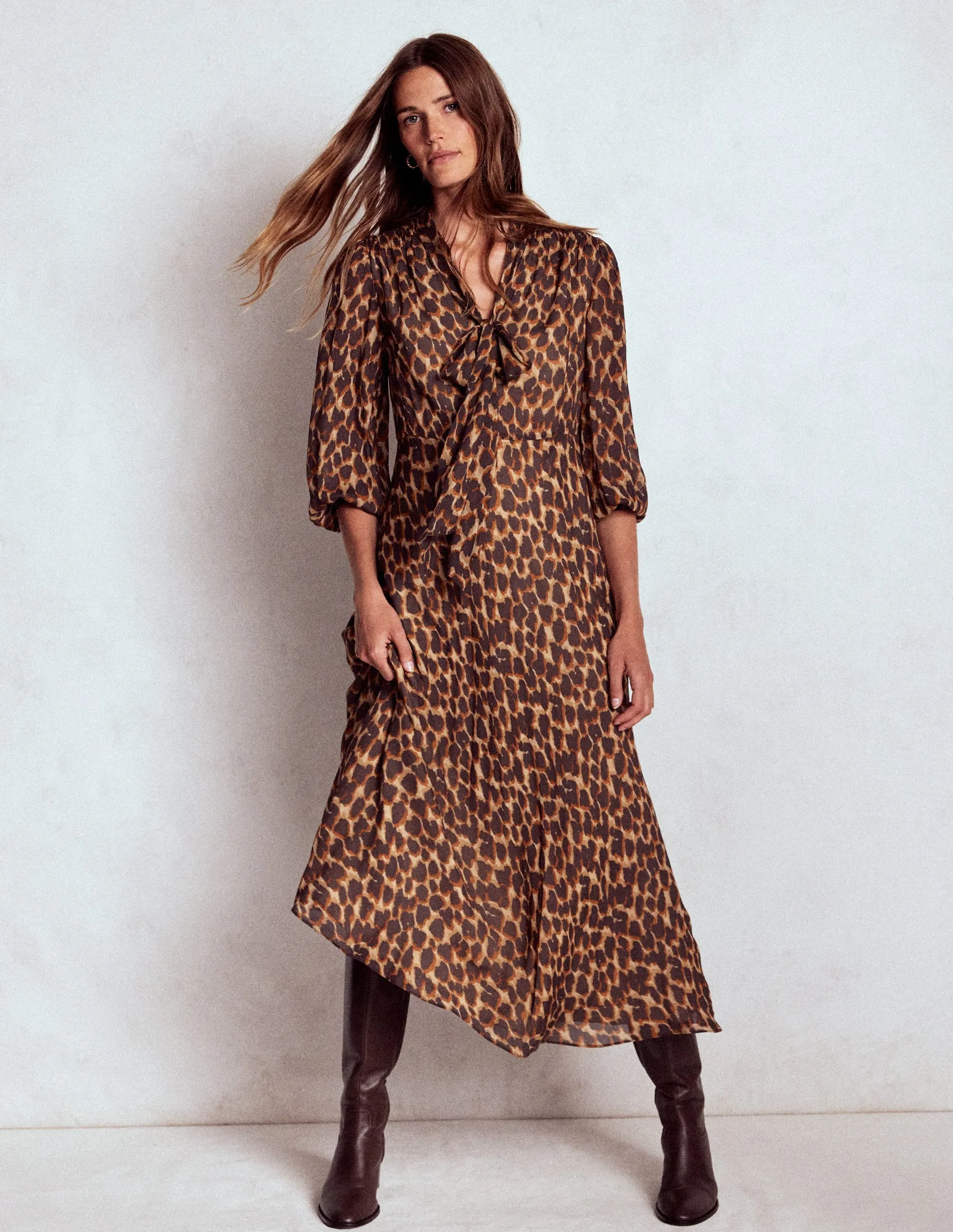 Chic Traveler Urban Casual Brooke Tie Neck Tea Dress-Sand, Abstract Leopard Spot
