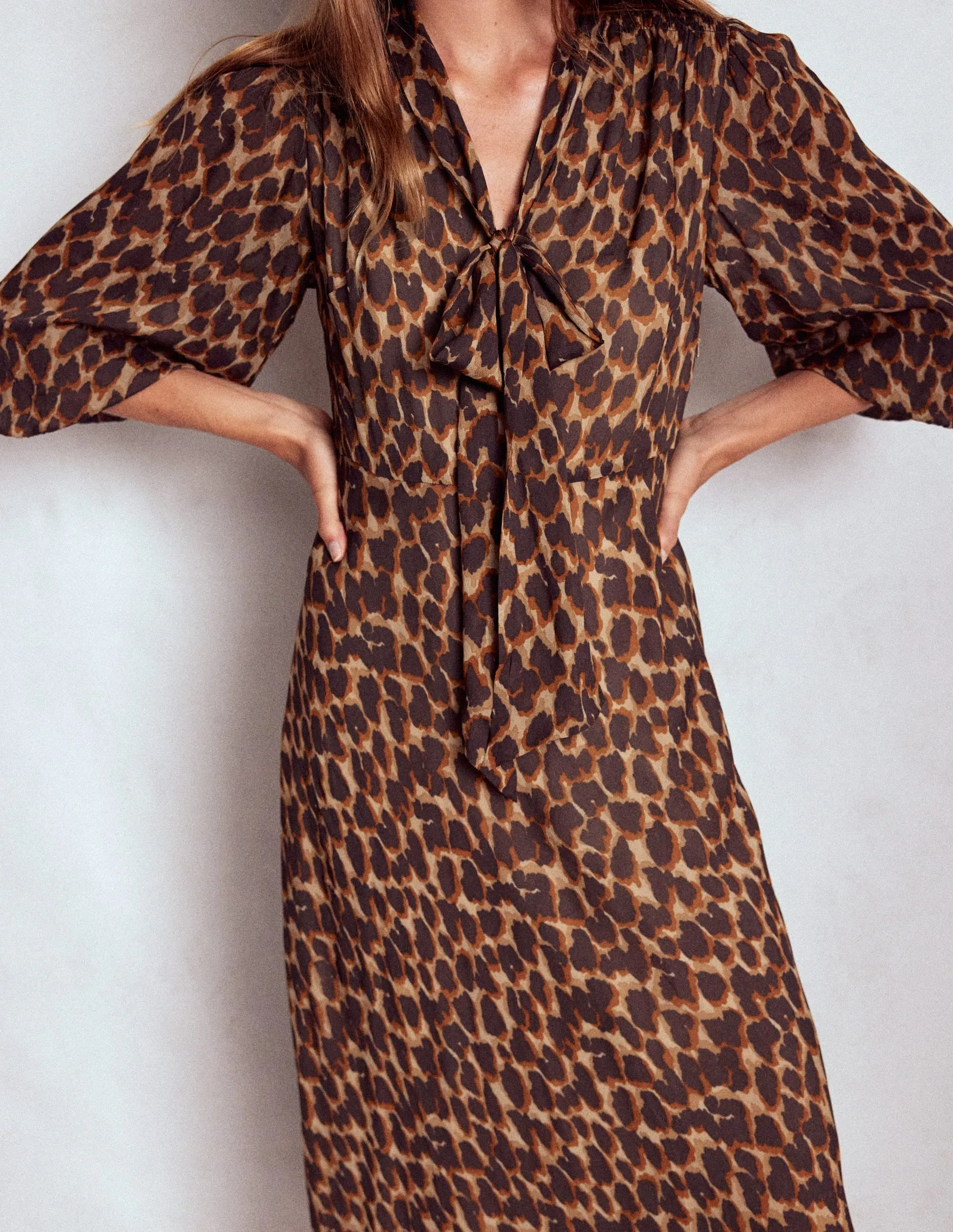 Friend Wedding Graceful Flow Brooke Tie Neck Tea Dress-Sand, Abstract Leopard Spot