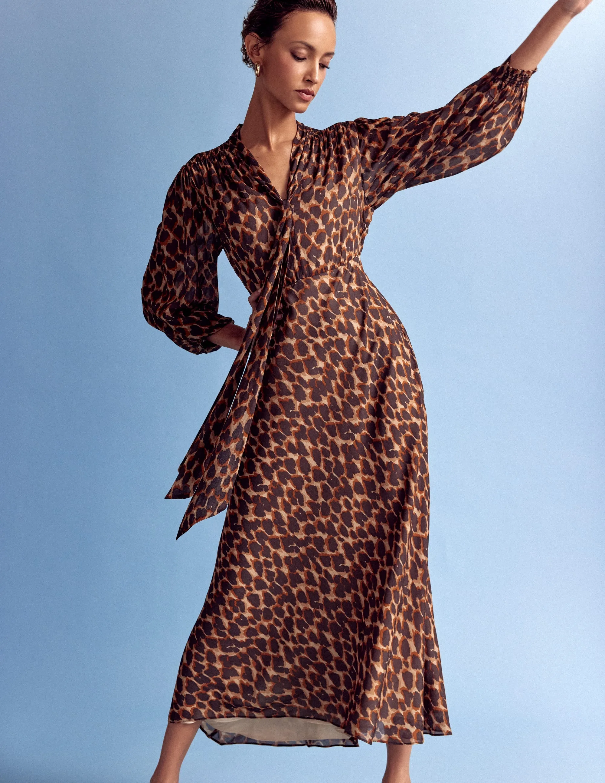 Brooke Tie Neck Tea Dress-Sand, Abstract Leopard Spot Seasonal Essentials Classic outdoor midi