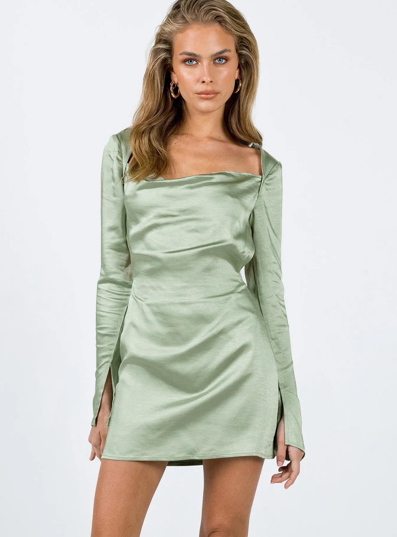 Magnetic Button Closure Maia Long Sleeve Mini Dress Green