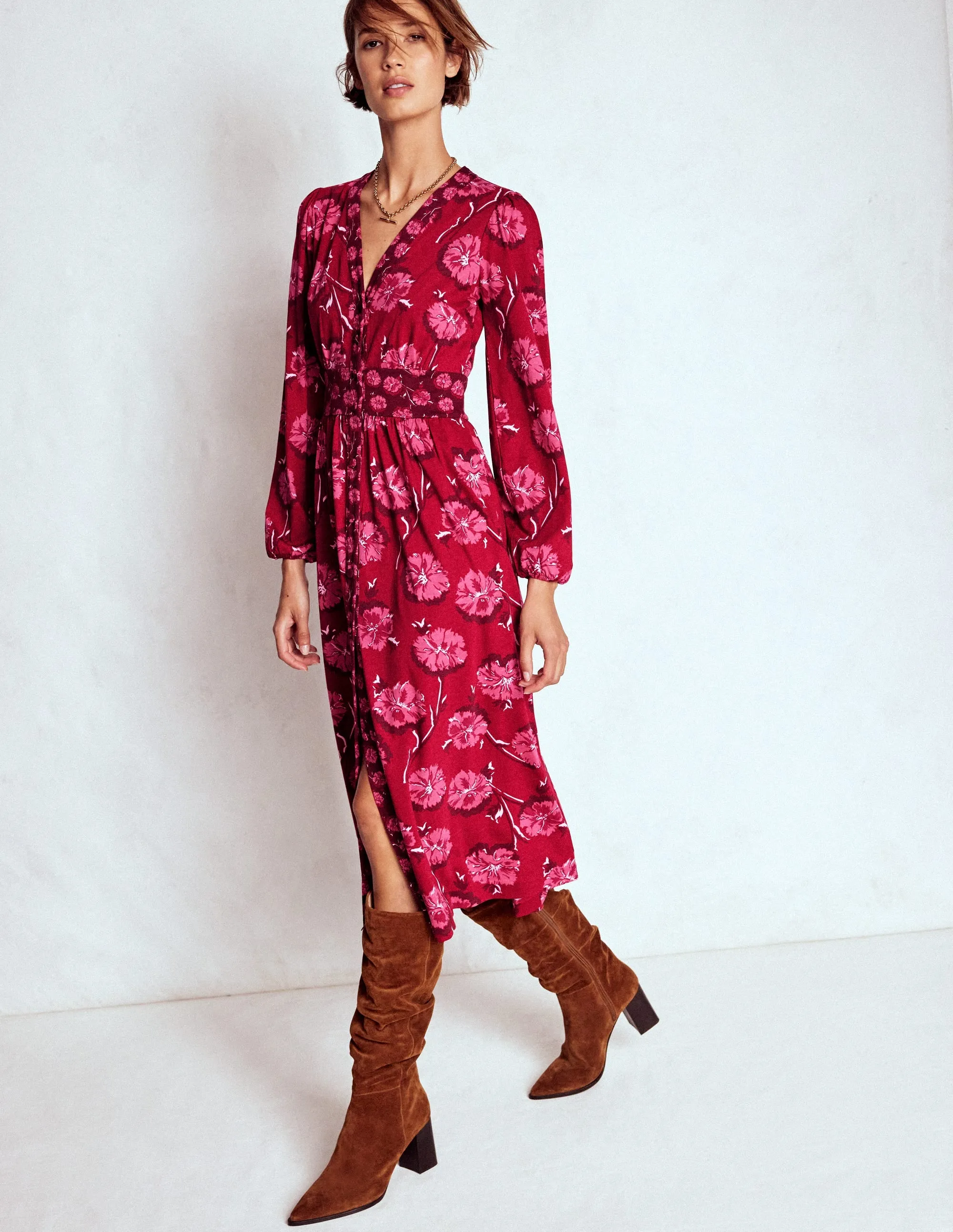 Feminine Elegance Natalia Long Sleeve Tea Dress-Red, Delicate Carnation
