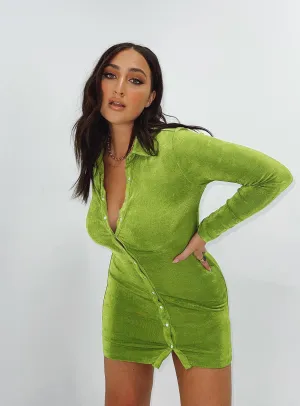 Sheer Panel Insertion Elody Long Sleeve Mini Dress Green
