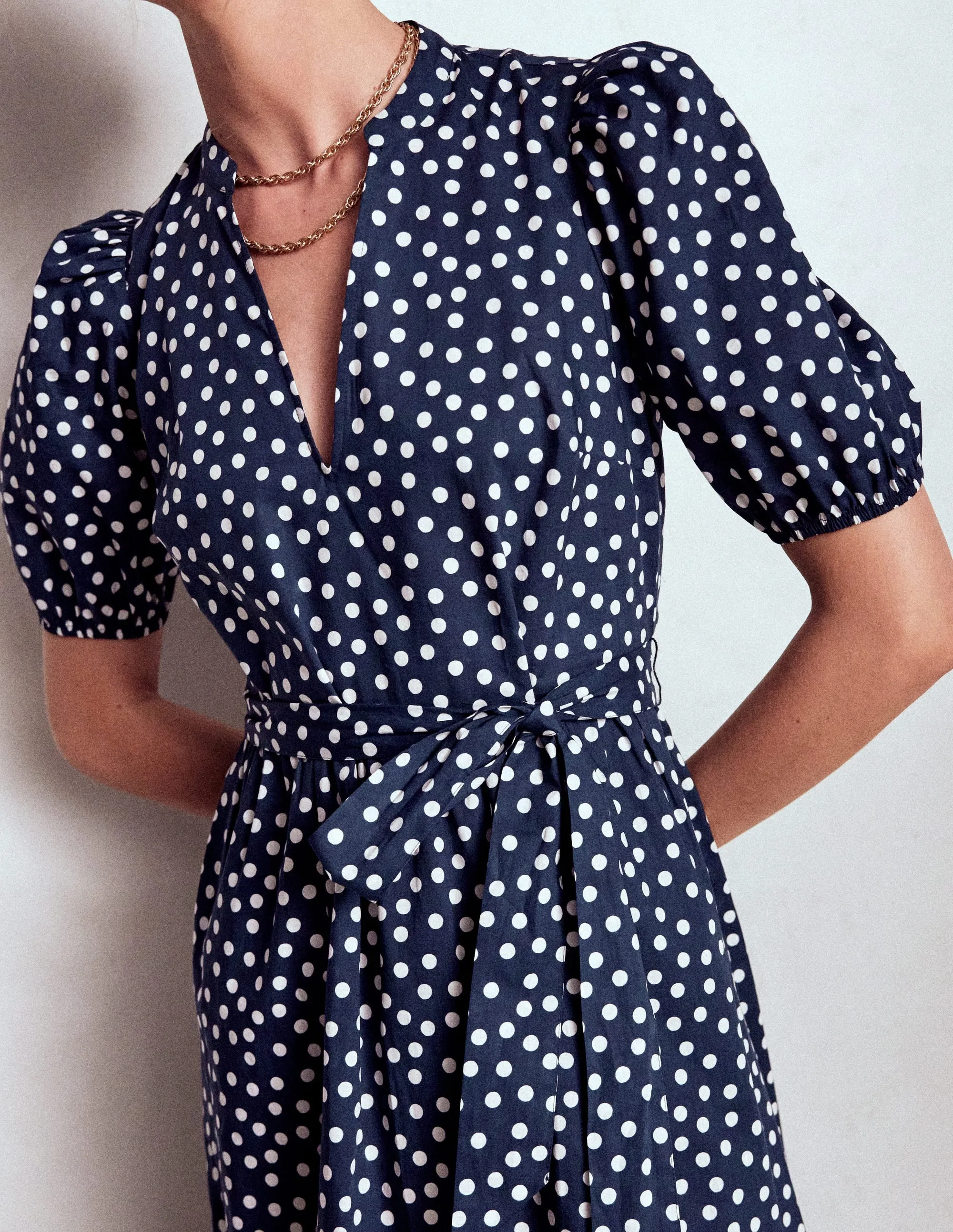 Cozy Wrap Christabel Cotton Midi Dress-French Navy, Painted Dot