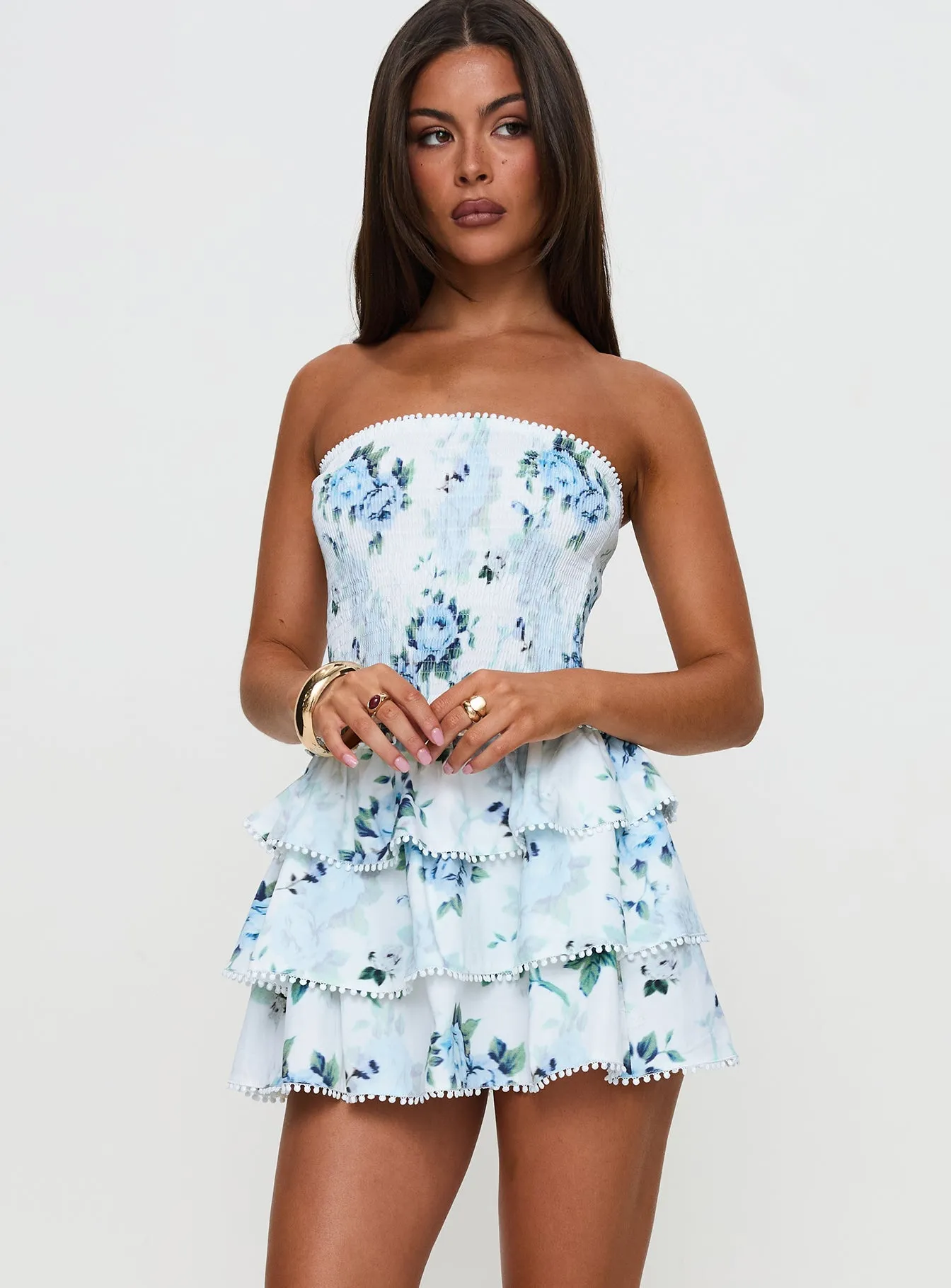 Non Restrictive Angle Look Sunkiss Frill Mini Dress White / Blue Petite