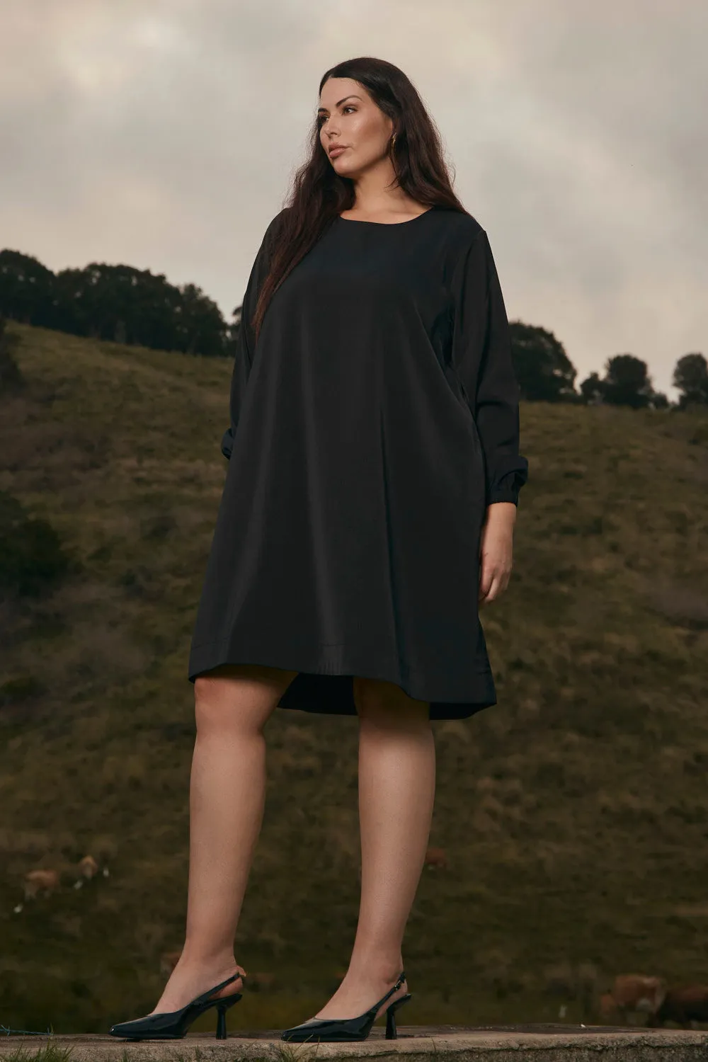 Hazel Long Sleeve Short Dress in Black Quiet Luxury